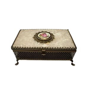 Vintage 1950’s Trinket Jewellery Box Faux MOP  Romantic Plaque Fragonard Love an